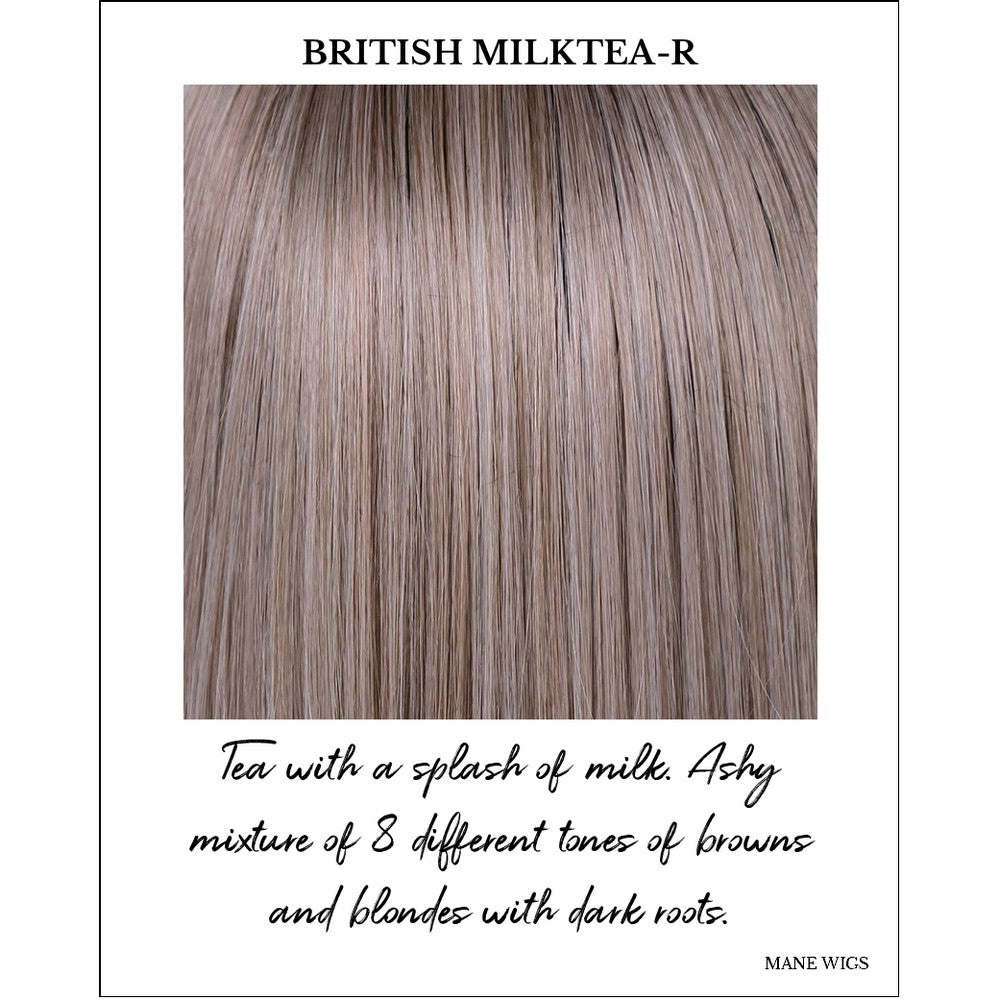 British Milktea-R-Tea with a splash of milk. Ashy mixture of 8 different tones of browns and blondes with dark roots.