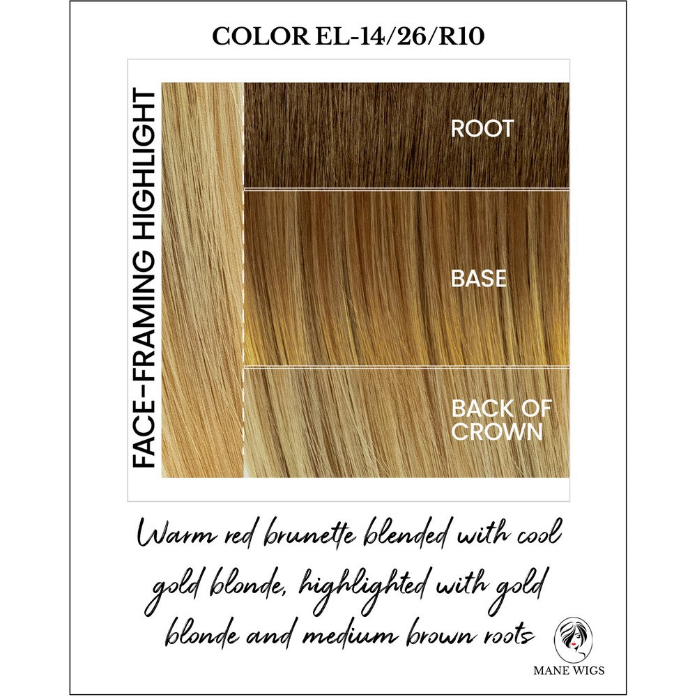 EL-14/26/R10-Warm red brunette blended with cool gold blonde, highlighted with gold blonde and medium brown roots