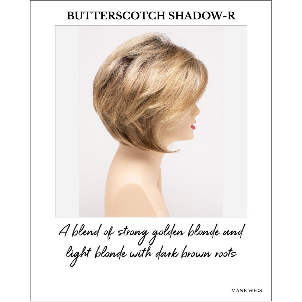 Juliet wig by Envy in Butterscotch Shadow-R-A blend of strong golden blonde and light blonde with dark brown roots