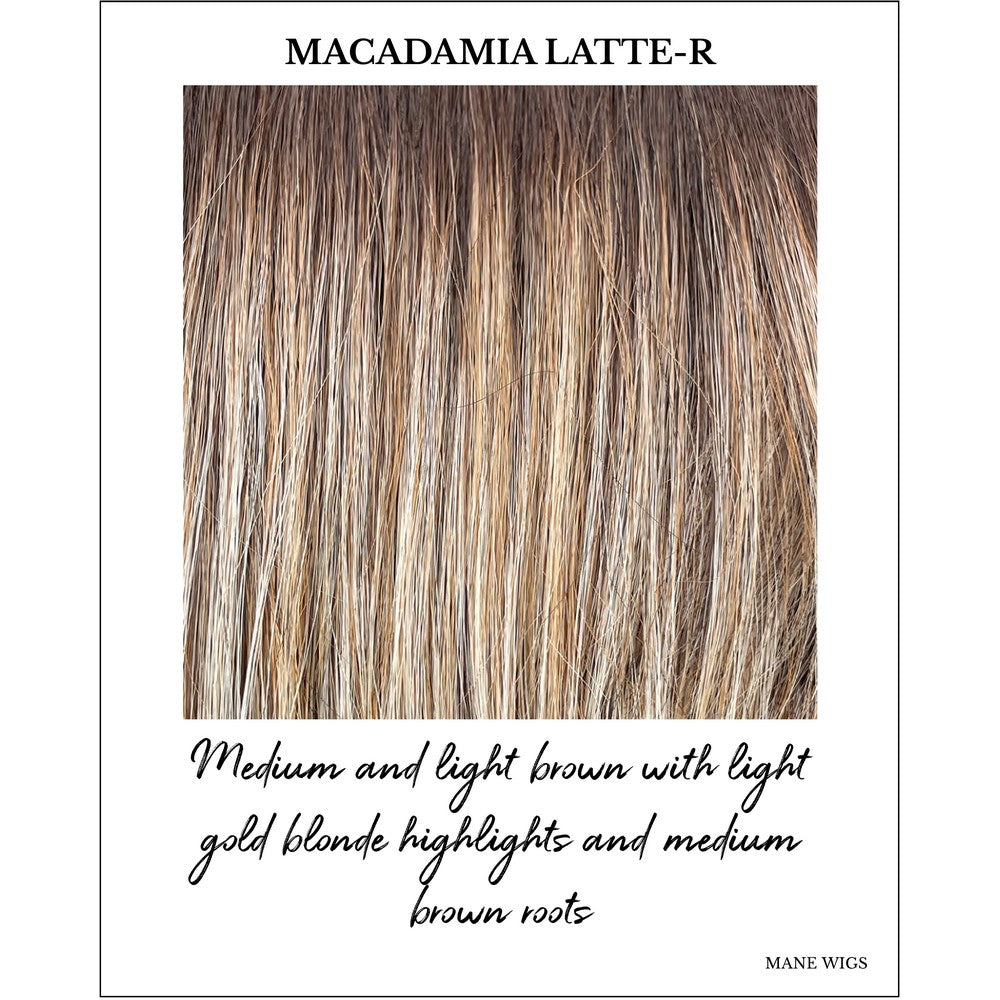 Macadamia Latte-R-Medium and light brown with light gold blonde highlights and medium brown roots