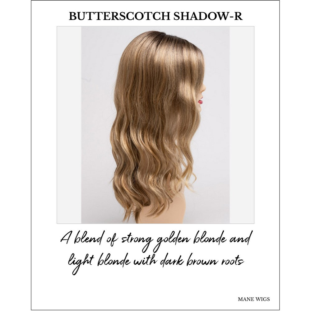 Maya wig by Envy in Butterscotch Shadow-R-A blend of strong golden blonde and light blonde with dark brown roots