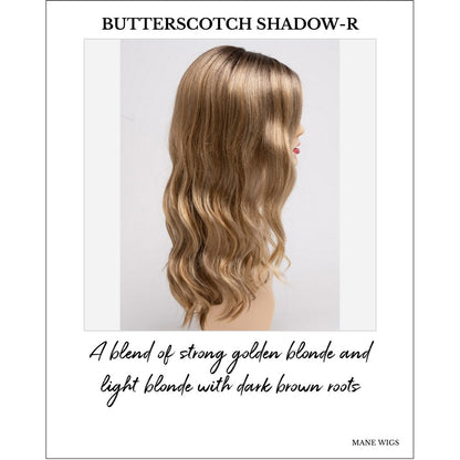 Maya wig by Envy in Butterscotch Shadow-R-A blend of strong golden blonde and light blonde with dark brown roots