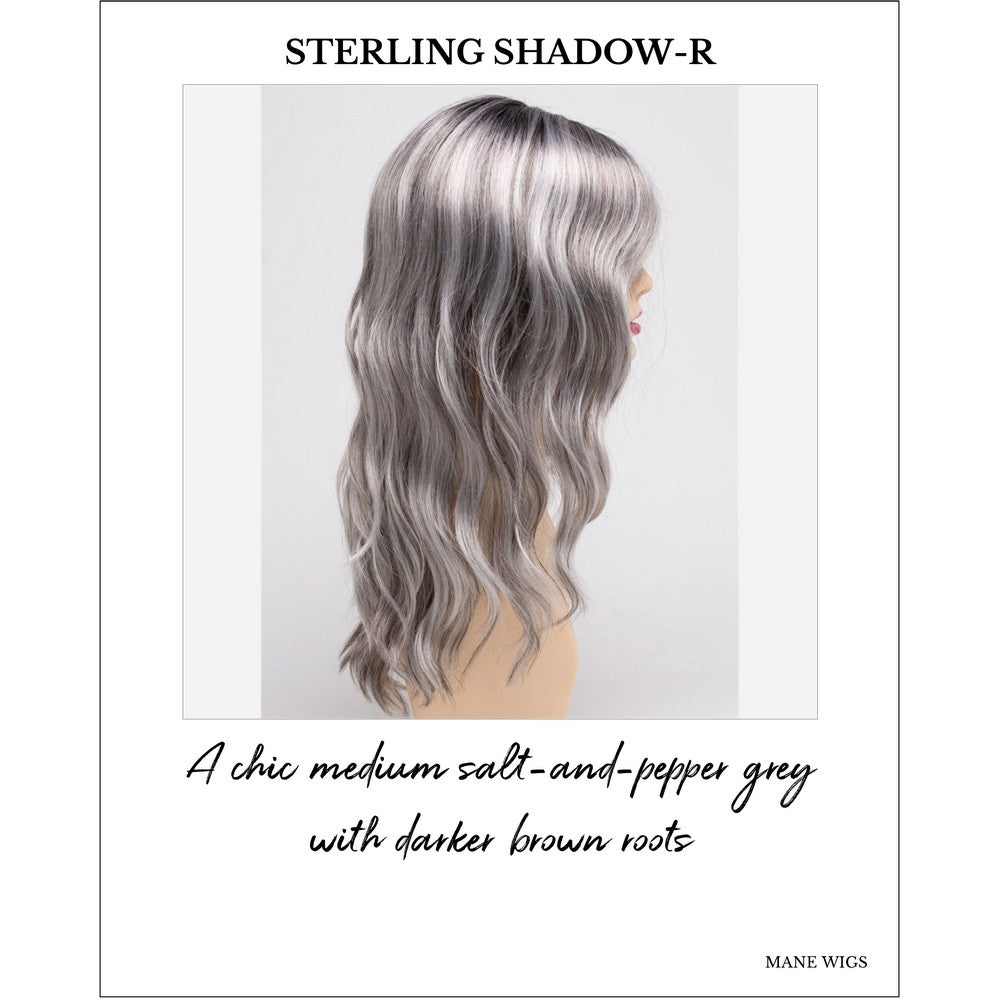 Maya wig by Envy in Sterling Shadow-R-A chic medium salt-and-pepper grey with darker brown roots