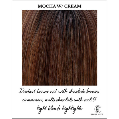 Mocha w/ Cream-Darkest brown root with chocolate brown, cinnamon, milk chocolate with cool & light blonde highlights