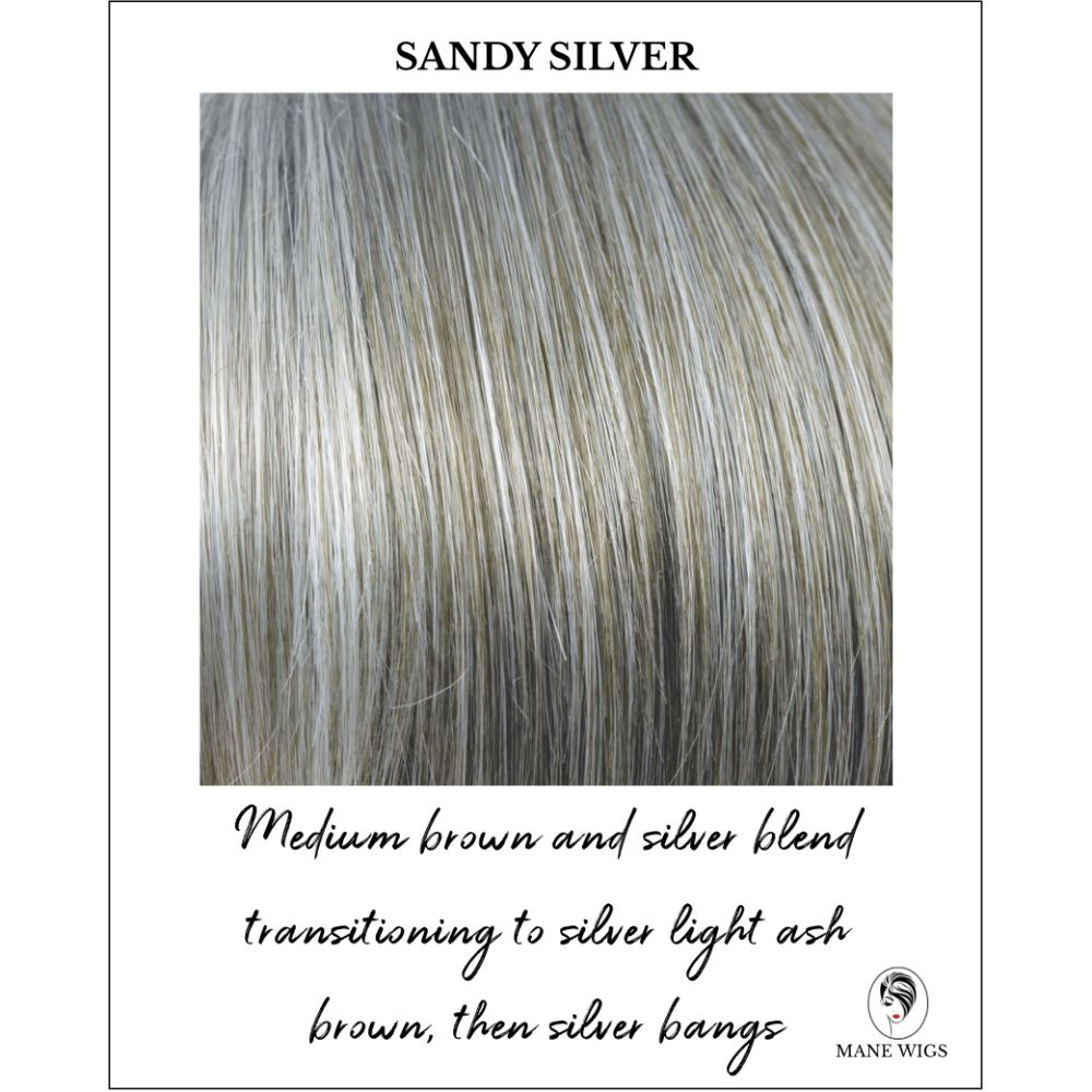 Sandy Silver-Medium brown and silver blend transitioning to silver light ash brown, then silver bangs