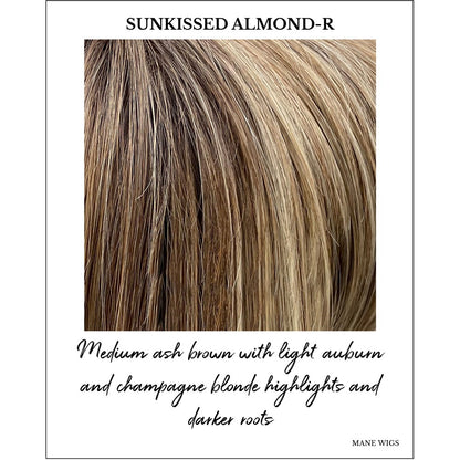 Sunkissed Almond-R-Medium ash brown with light auburn and champagne blonde highlights and darker roots