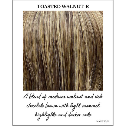 Toasted Walnut-R-A blend of medium walnut and rich chocolate brown with light caramel highlights and darker roots