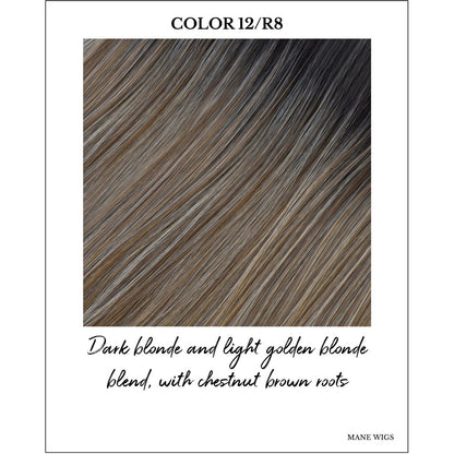 COLOR 12/R8-Dark blonde and light golden blonde blend, with chestnut brown roots